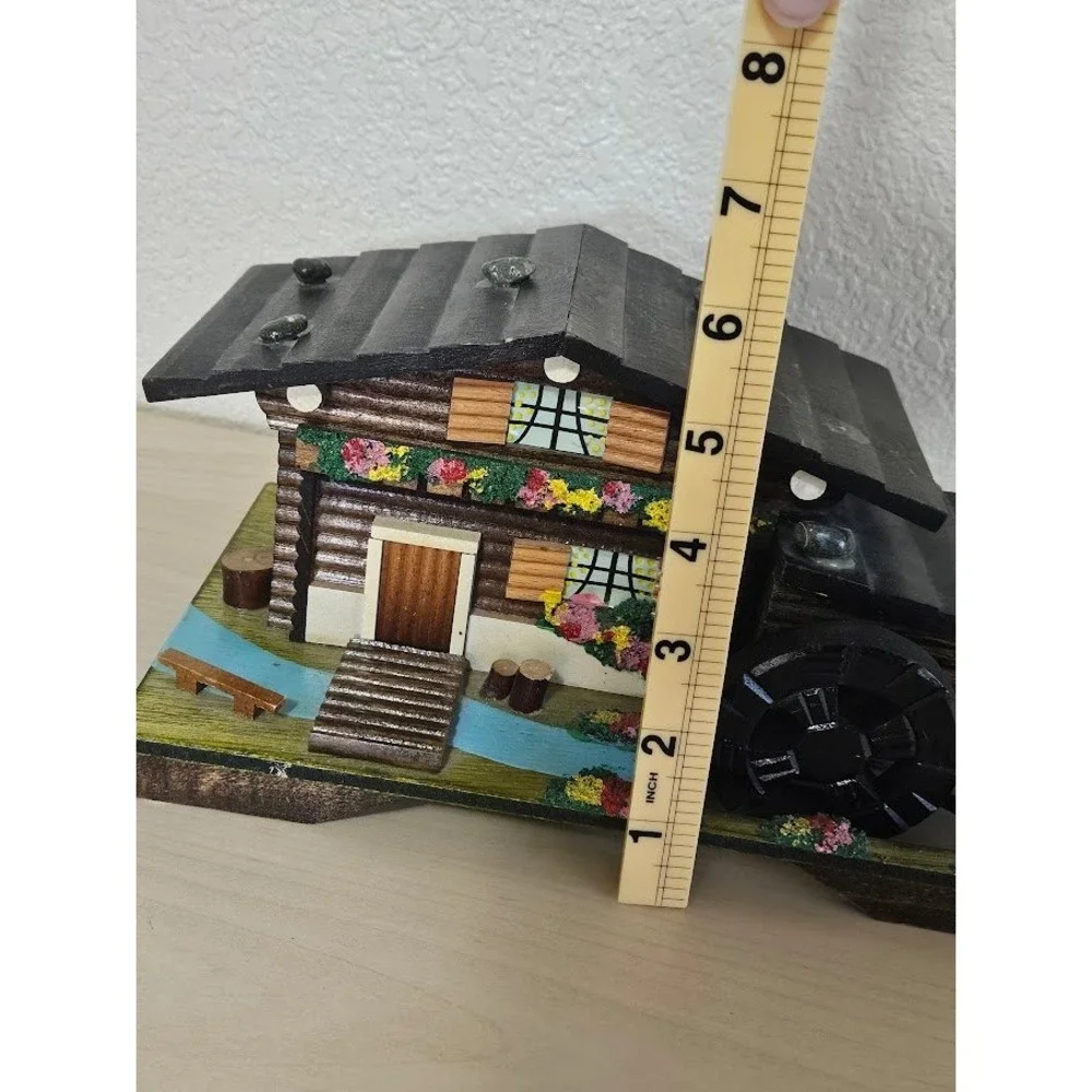 Vintage Japan Wood Chalet Music Box Water Wheel Alpine Cabin Jewelry Box Mirror